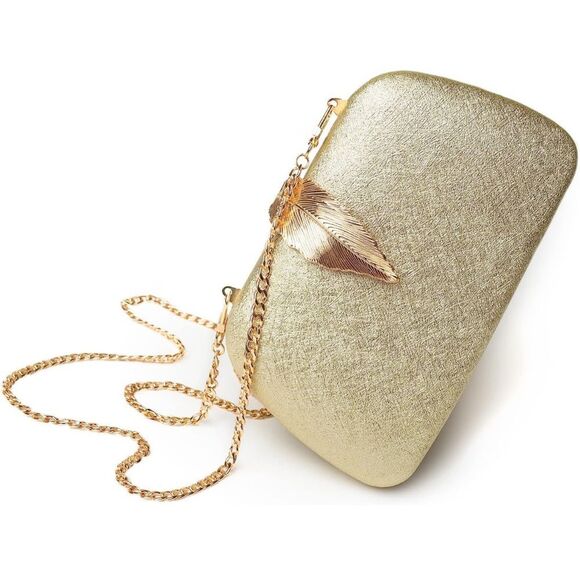 Handbags - Gold Evening Crossbody Clutch Purse with Gold Leaf Snap Luxury Vegan Leather